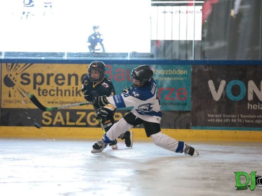 zwei Kinder spielen Eishockey